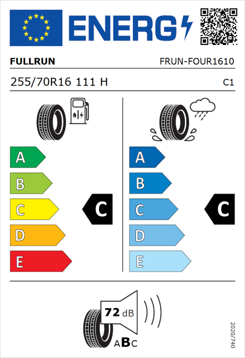 Tyre Label for Fullrun Frun-Four 255/70R16 111H