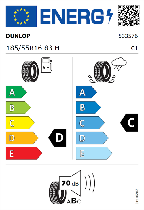Tyre Label for Dunlop SP2030 185/55R16 83H