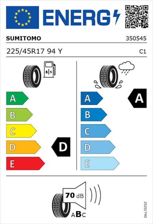 Tyre Label for Sumitomo HTR Z5 225/45R17 94Y