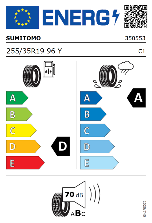 Tyre Label for Sumitomo HTR Z5 255/35R19 96Y
