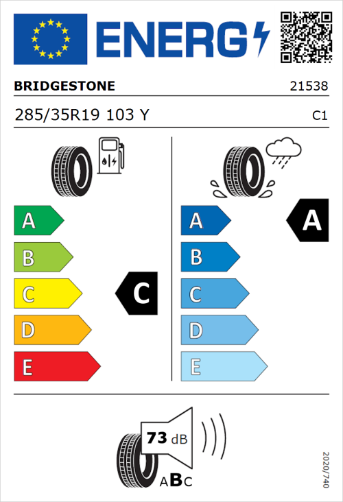 Tyre Label for Bridgestone Potenza Sport 285/35R19 103Y