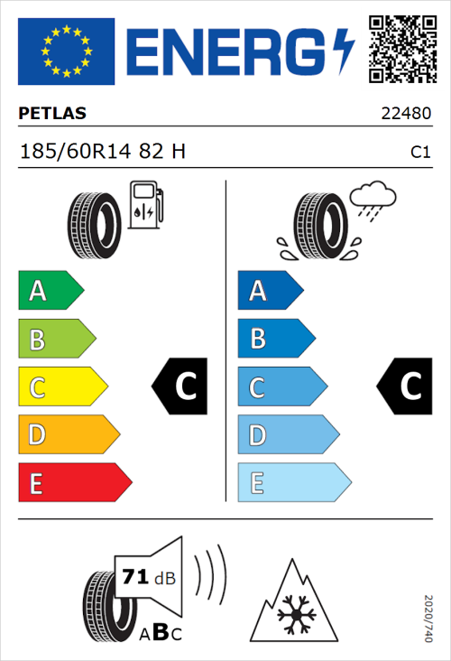 Tyre Label for Petlas Multi Action PT565 185/60R14 82H
