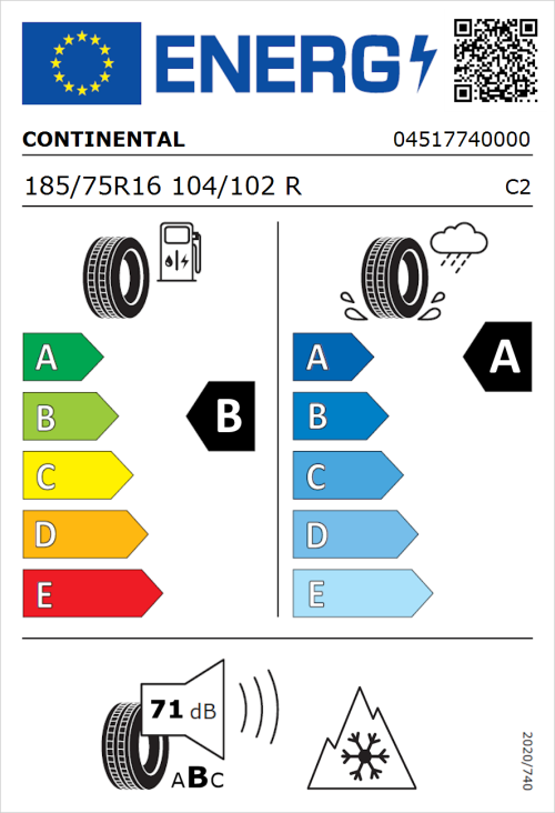 Tyre Label for Continental VanContact Ultra 185/75R16 104/102R