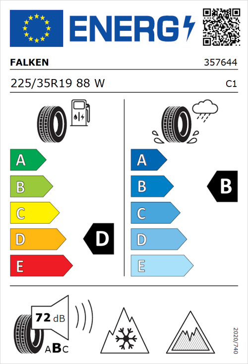 Tyre Label for Falken Euroall Season AS220 PRO 225/35R19 88W